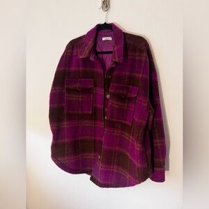 Good American Vibrant Plaid Jacket in Purple and Brown